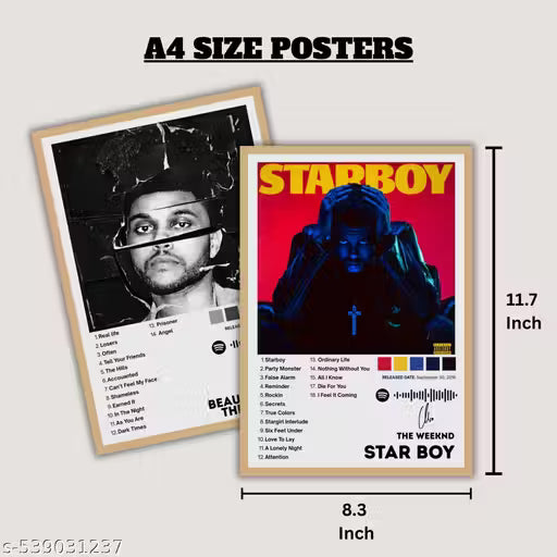Set of 6 The Weeknd Singer Music Album Posters, Each Of A4 Size , Best Songs Posters for Walls , Self Adhesive, For English Song lovers